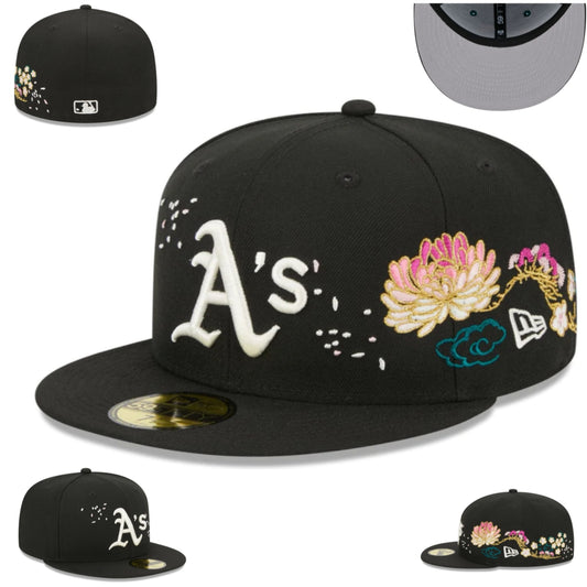 Oakland Athletics Black Fitted Hat with Floral Embroidery