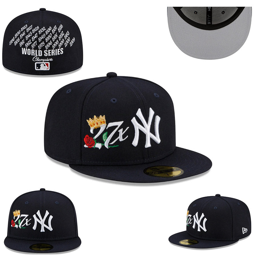 New York Yankees 27-Time World Series Champions Fitted Cap – Navy with Embroidered Details