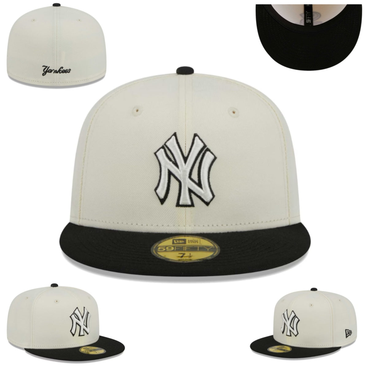 New York Yankees Ivory and Black Fitted Cap with Embroidered Logo