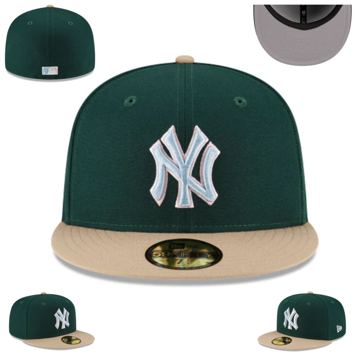 New York Yankees Fitted Cap – Forest Green with Tan Brim and Ice Blue Logo