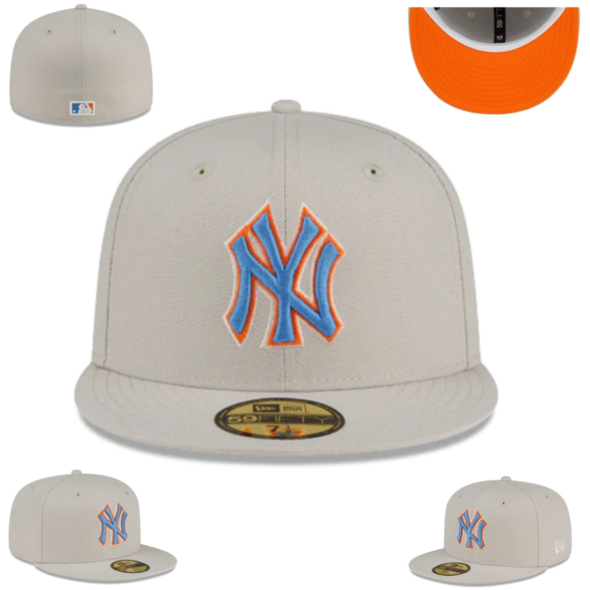 New York Yankees Snapback Hat with Blue and Orange Embroidered Logo – Beige