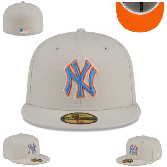 New York Yankees Snapback Hat with Blue and Orange Embroidered Logo – Beige