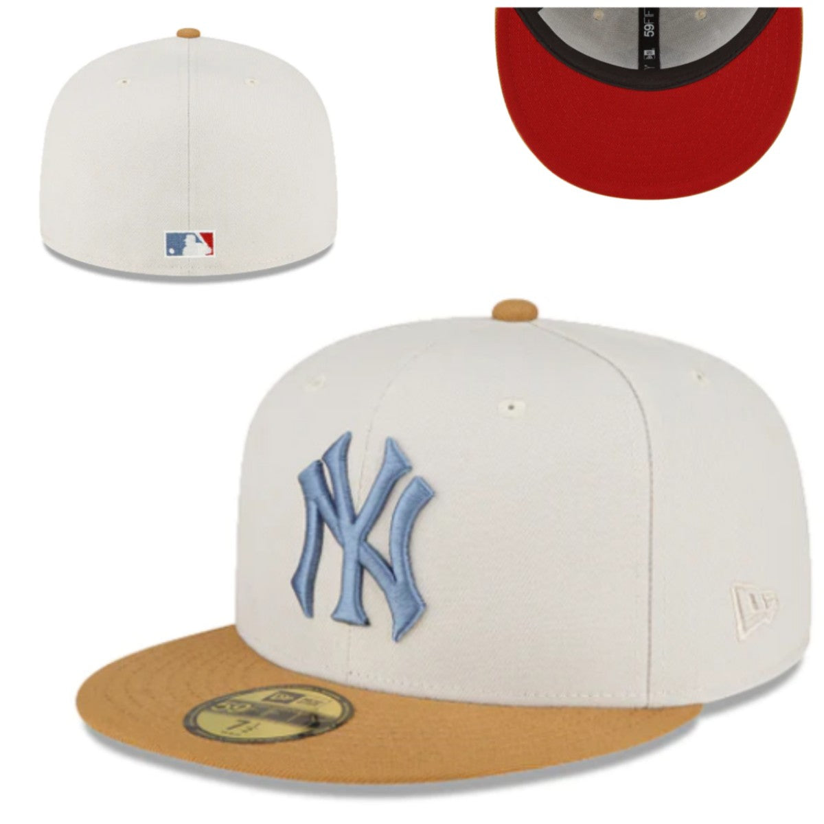 New York Yankees 59FIFTY Fitted Hat with Blue Logo and Tan Brim – Cream