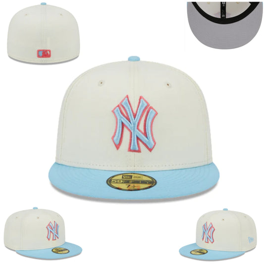 New York Yankees 59FIFTY Fitted Hat with Pink and Blue Logo – Cream with Light Blue Brim