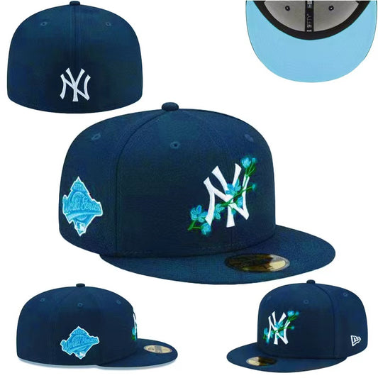 New York Yankees 59FIFTY Fitted Hat with Blue Floral Embroidery and World Series Patch – Royal Blue