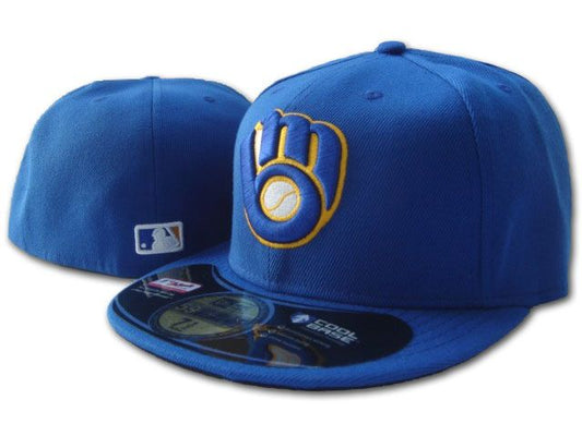 Milwaukee Brewers Official MLB Royal Blue Fitted Cap with Iconic Gold and White Glove Logo