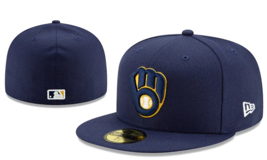 Milwaukee Brewers Navy Blue Fitted Cap with Iconic Gold and White Glove Logo