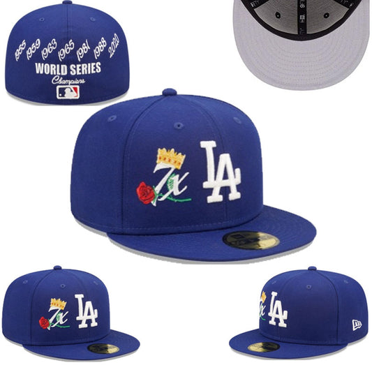 Los Angeles Dodgers Royal Blue Crown and Rose Fitted Cap with World Series Champions Embroidery