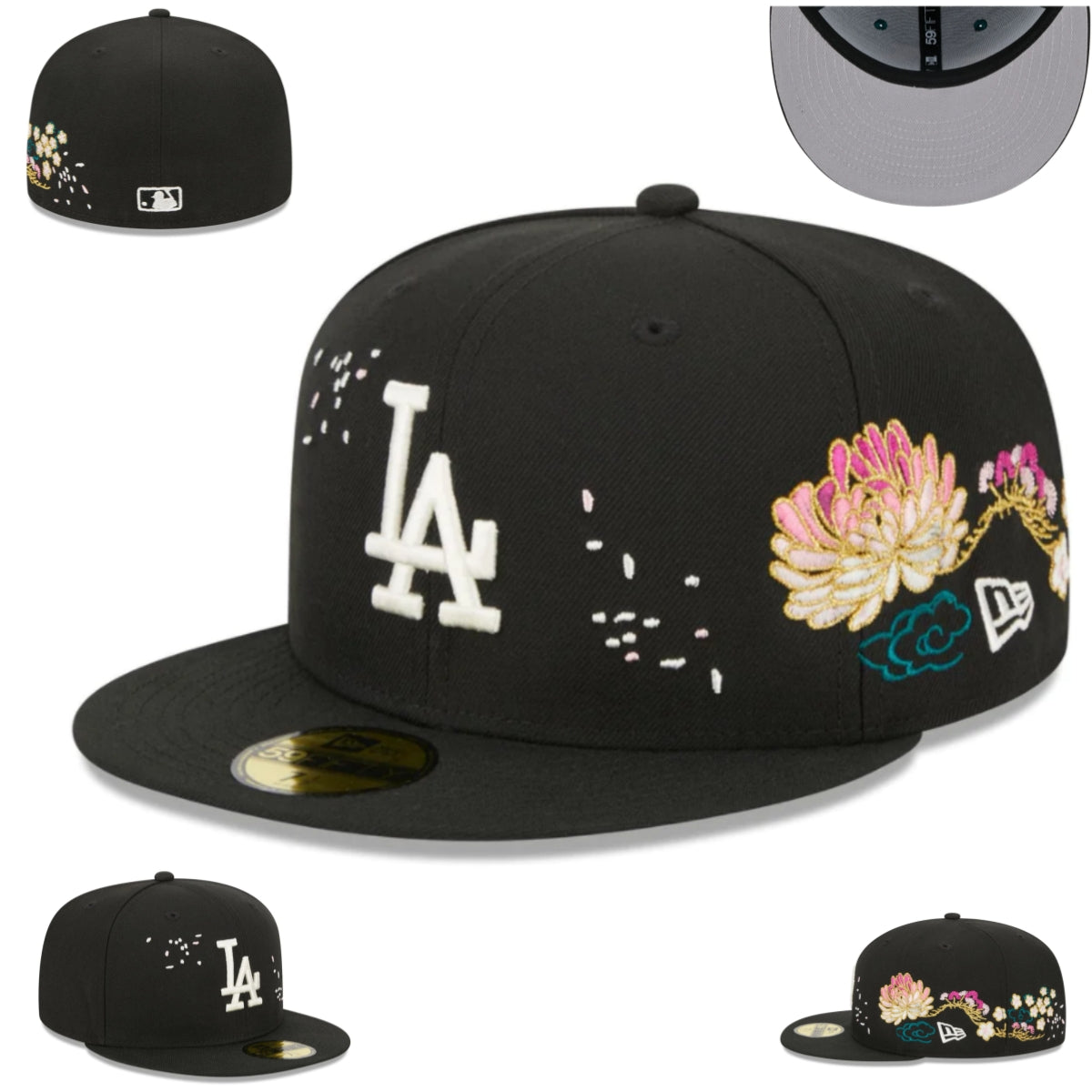 Los Angeles Dodgers Floral Embroidered Black Fitted Hat with Unique Design Elements