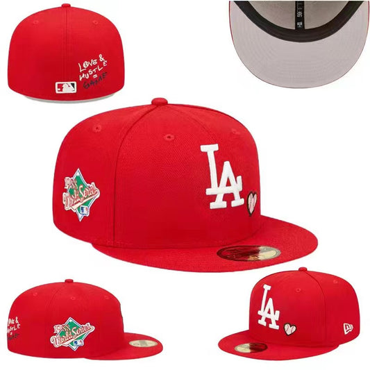 Los Angeles Dodgers Red Fitted Hat with 1959 World Series Patch and “Love & Hustle” Embroidery