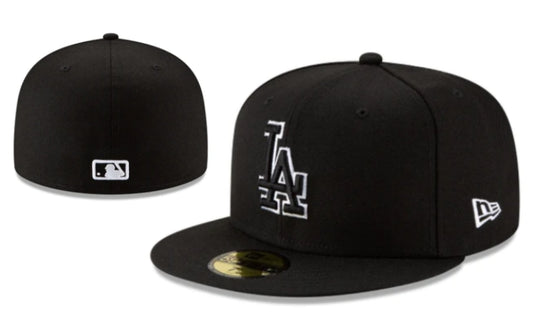 Los Angeles Dodgers Black Fitted Hat with White and Black LA Logo Embroidery