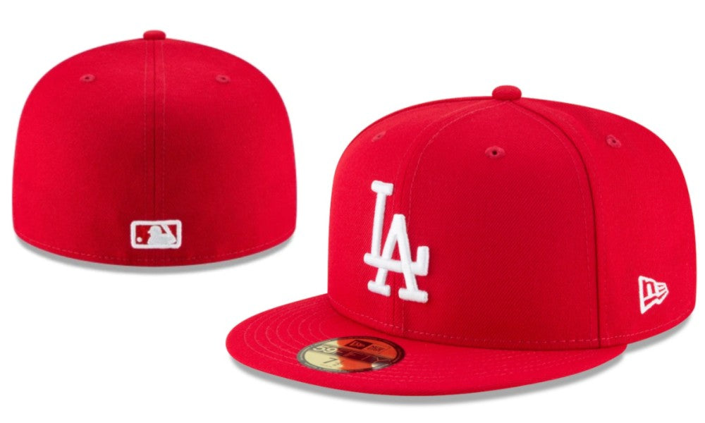 Los Angeles Dodgers Red Fitted Hat with White LA Logo Embroidery