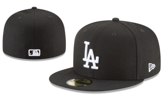 Los Angeles Dodgers Black Fitted Hat with White LA Logo Embroidery