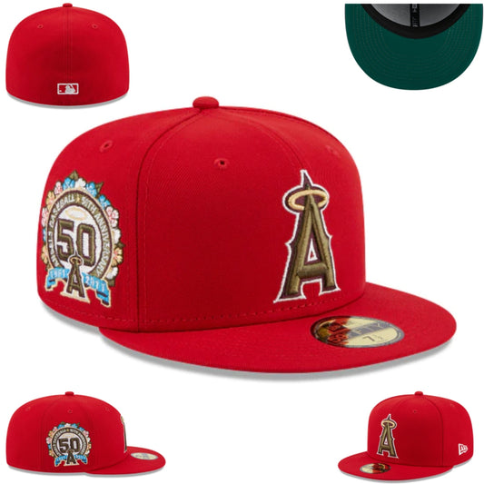 Los Angeles Angels 50th Anniversary Red Fitted Hat with Gold Logo and Side Patch