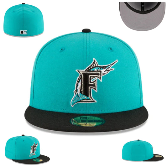 Miami Marlins Teal and Black Fitted Cap with Classic Logo