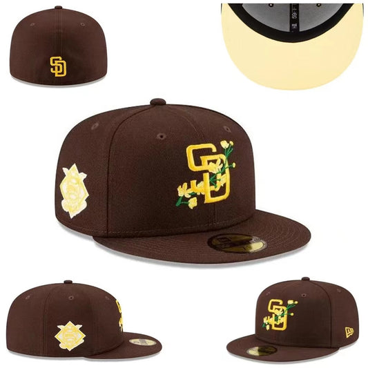 San Diego Padres Brown Fitted Hat with Floral Embroidery and Team Patches