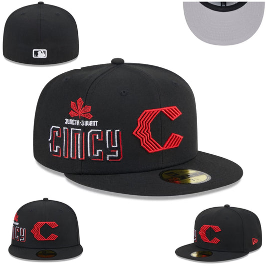 Cincinnati Reds “Cincy” Black Fitted Hat with Embroidered Red C and Leaf Design