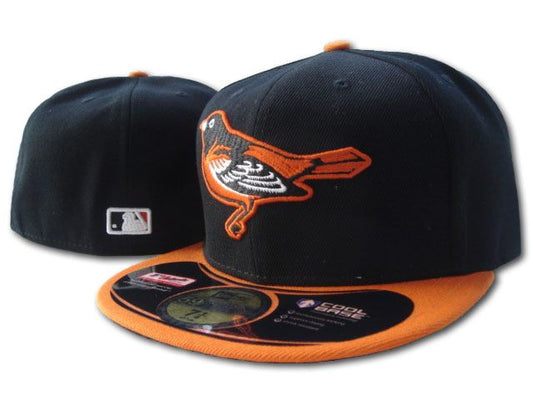 Baltimore Orioles Fitted Hat with Embroidered Bird Logo in Black and Orange