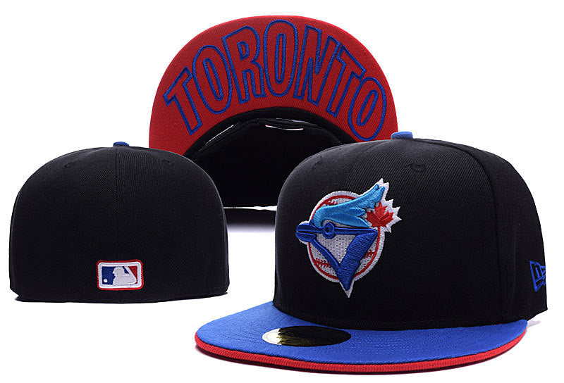 Toronto Blue Jays Black and Blue Fitted Hat with Red Undervisor and Team Logo