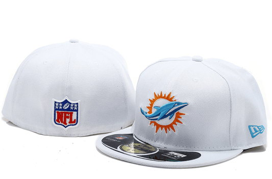 Miami Dolphins White Fitted Hat with Embroidered Team Logo