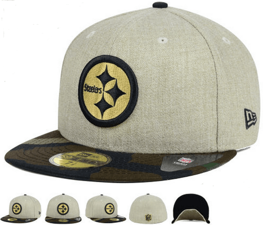 Pittsburgh Steelers Fitted Hat with Gold Logo and Camouflage Brim – Khaki and Camo