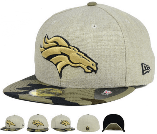 Denver Broncos Fitted Hat with Gold Logo and Camouflage Brim – Khaki and Camo