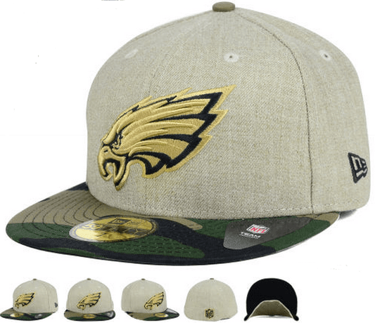 Philadelphia Eagles Fitted Hat with Gold Logo and Camouflage Brim – Khaki and Camo