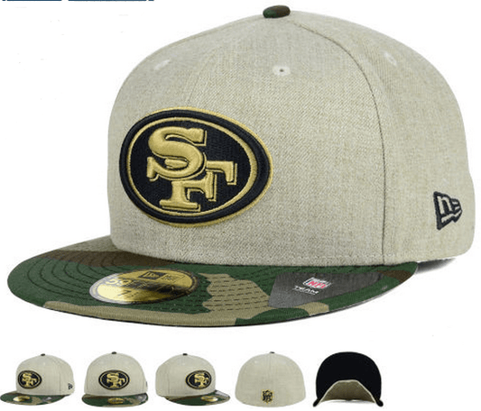 San Francisco 49ers Fitted Hat with Gold Logo and Camouflage Brim – Khaki and Camo