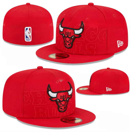 Chicago Bulls Fitted Hat with Embroidered Logo and Raised Lettering – Red