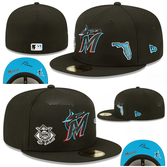 Miami Marlins Fitted Hat with Side Patches and Aqua Blue Undervisor – Black