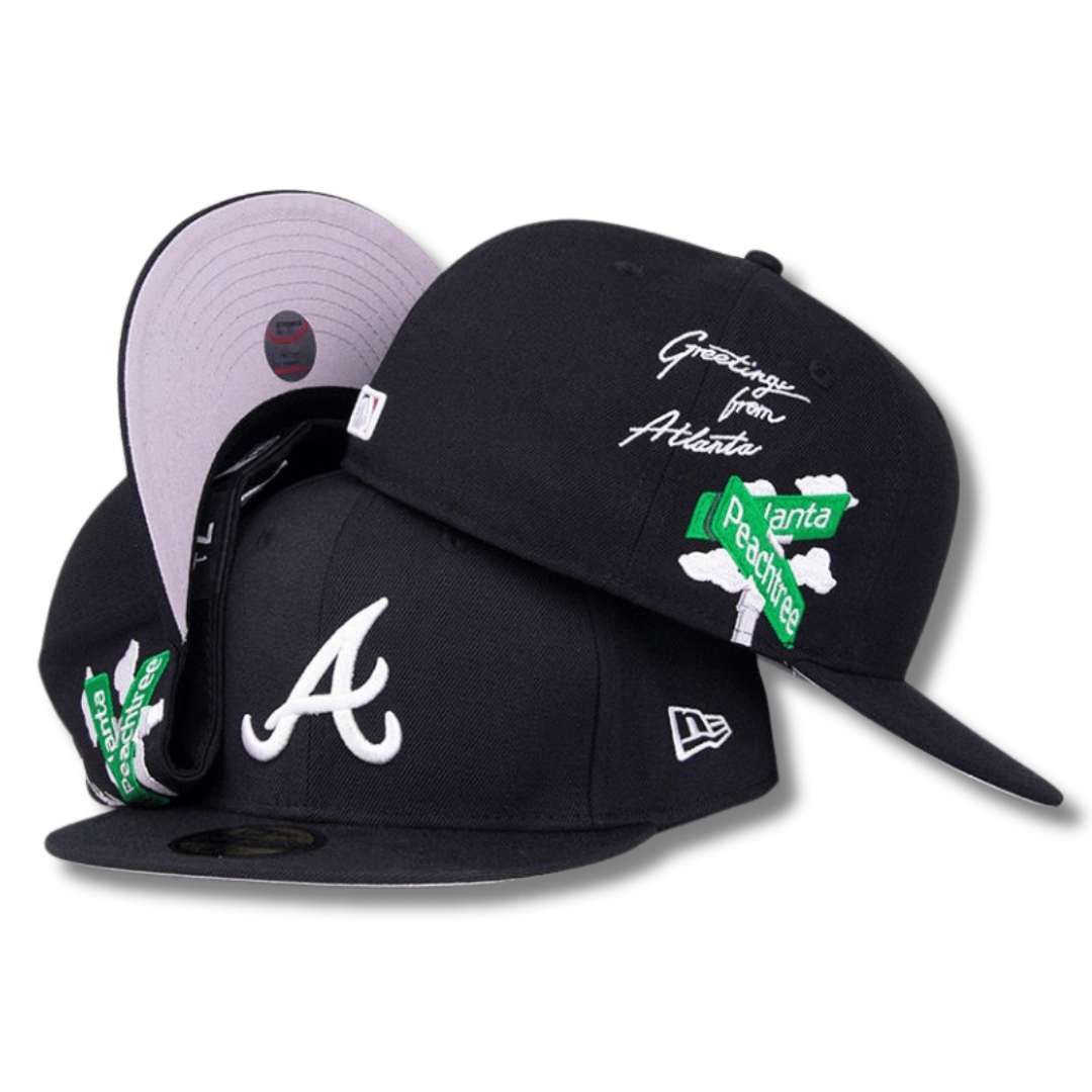 Atlanta Braves Fitted Hat with Peachtree Street Patch and “Greetings from Atlanta” Design – Black